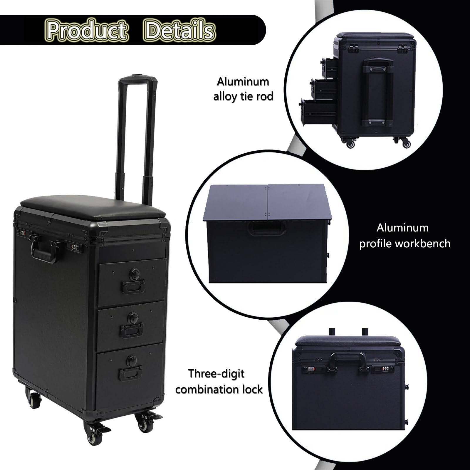 JJENXYYDS Portable 3 Drawers Rolling Makeup Case,Cosmetic Case Salon Barber Case Traveling Cart with 4 Universal Wheels & Handles,for Tattoo Artist, Beauty Salon, Beauty Studio,Modern