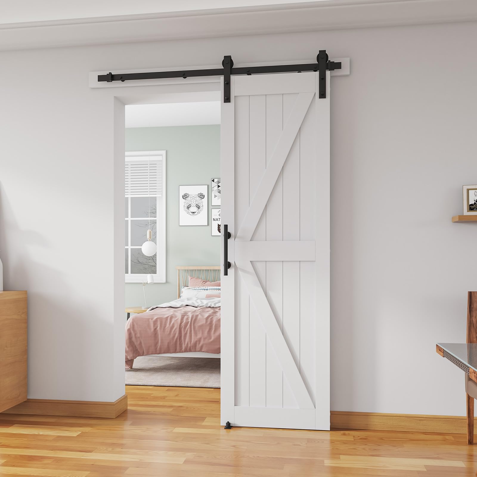 ALAMEDADT 26'' x 84'' Sliding Barn Door Kit with 5 Ft Barn Door Hardware Kit, MDF, Solid Core, Combined with Handle and Floor Guide-Assembly Required-Include Installation Manual, K Shape, White