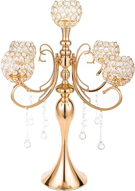 5-Arm Gold Candelabra Candle Holder Crystal Centerpieces for Table Decor 65cm Tall Elegant Design Wedding Gifts