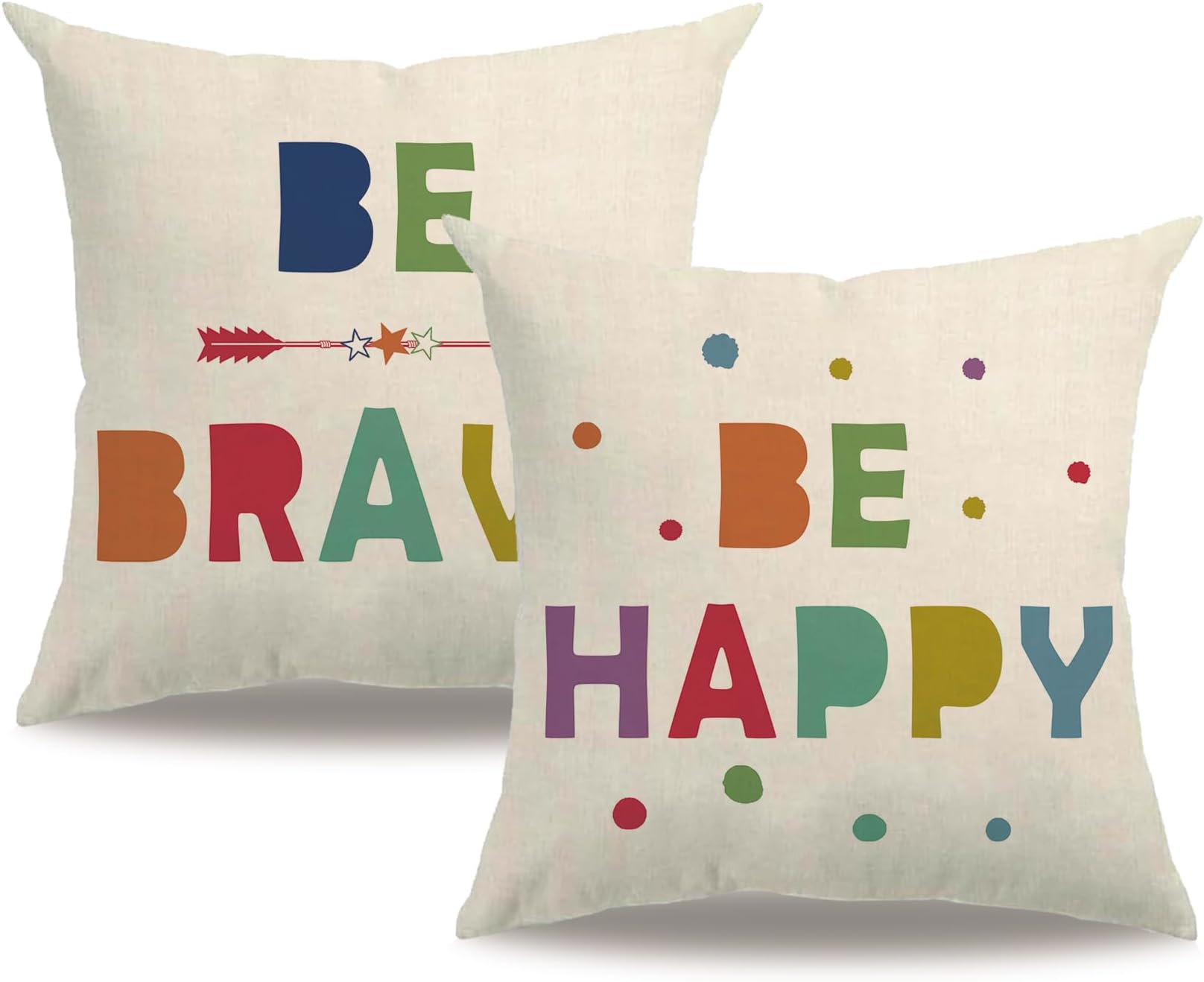 2Pack Inspirational Quote Pillow Covers Double-sided printed Colorful Be Happy Be Brave Cushion Cover Farmhouse Decor Pillowcases 18”×18”For Home Classroom Reading Corner ,Gifts for Kid Family Friend