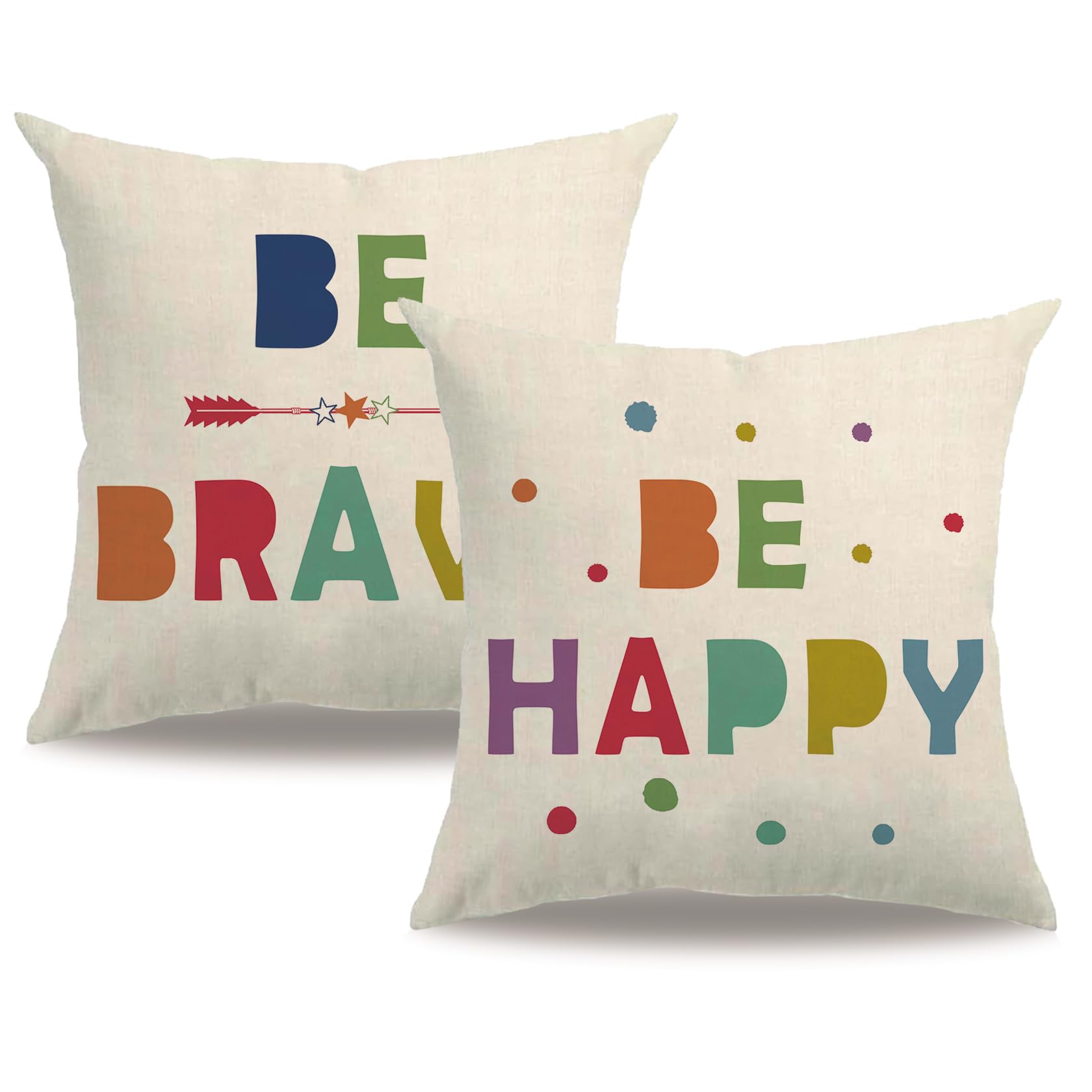 2Pack Inspirational Quote Pillow Covers Double-sided printed Colorful Be Happy Be Brave Cushion Cover Farmhouse Decor Pillowcases 18”×18”For Home Classroom Reading Corner ,Gifts for Kid Family Friend