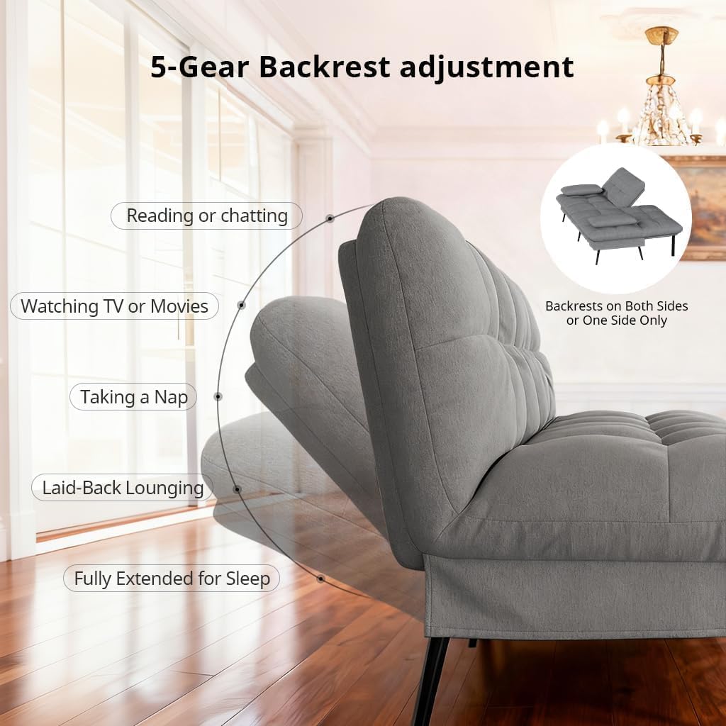 COMHOMA 72″ Convertible Futon Sofa Bed, Adjustable Backrest, Grey | Breathable Fabric Futon Couch with Pillows,Multi-angle Ergonomic Reclining,Space-saving Sleeper Sofa for Living Room