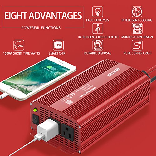BESTEK Power Inverter 1000 Watt DC 12 Volt, Power Converter 1000w DC to AC Converter for Car