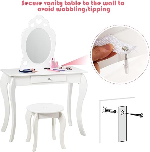 Miniatura 8 de HONEY JOY Juego de tocador para niños con espejo, mesa de tocador de madera con taburete y cajón, parte superior extraíble, juego de tocador de