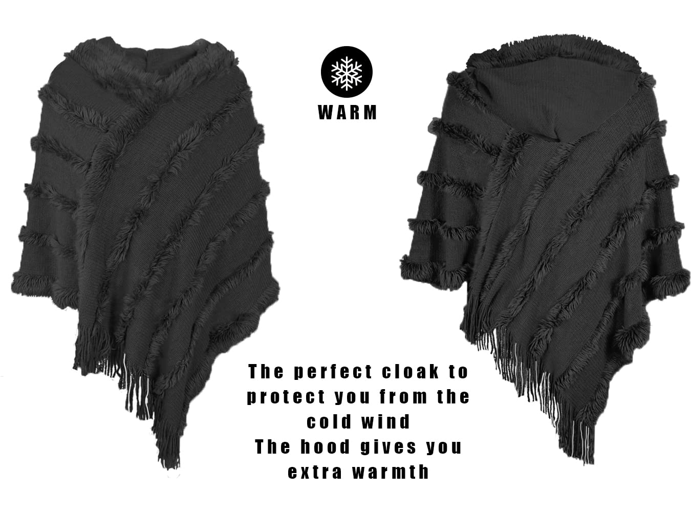 Elegante Maglione Poncho Donna Invernale Poncho con Cappuccio Mantella Scialle Uncinetto con Strisce di Peluche e Franges Scialle della Moda Monocromo Irregular Moda Giovane Top