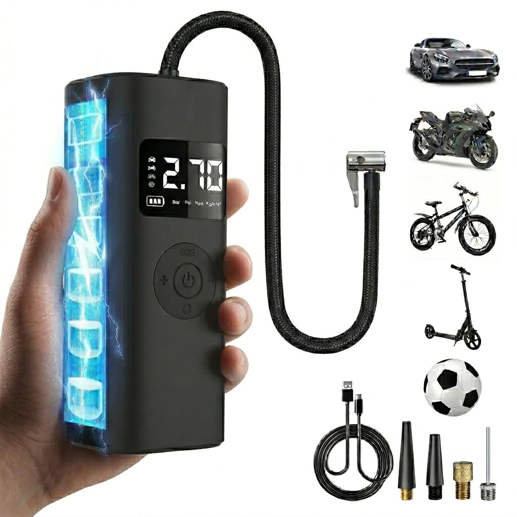 Junsun Compresor Aire Portátil 150PSI & Power Bank, 7800mAh Inflador Ruedas Coche con Pantalla LCD y Linterna SOS, Bomba Aire Bicicletas, Scooters, Moto, Pelotas