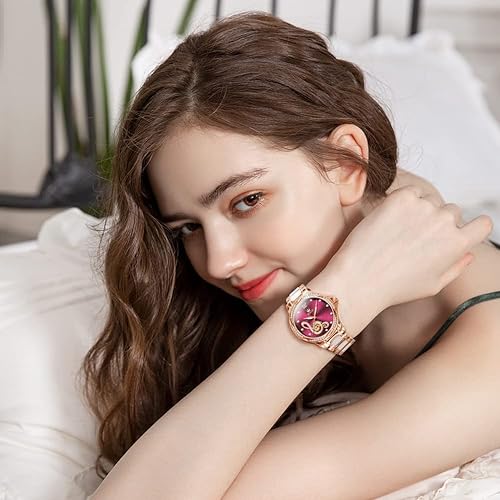 Miniatura 10 de OLEVS Relojes mecánicos automáticos para mujer cuerda automática oro rosa correa de cerámica de dos tonos esfera de corazón de amor a la moda