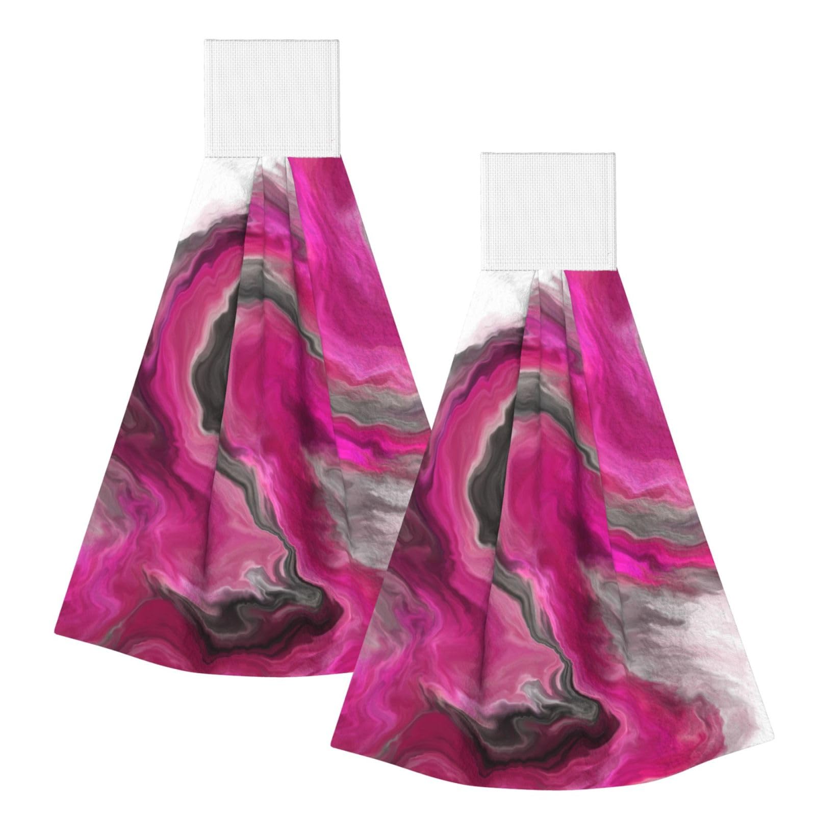DOPKLNA Magenta Black Grey Jewel Tone Fluid Art Swirl, 2 Pcs Hanging Coral Fiber Hand Towels for Bathroom, Absorbent Kitchen Towels