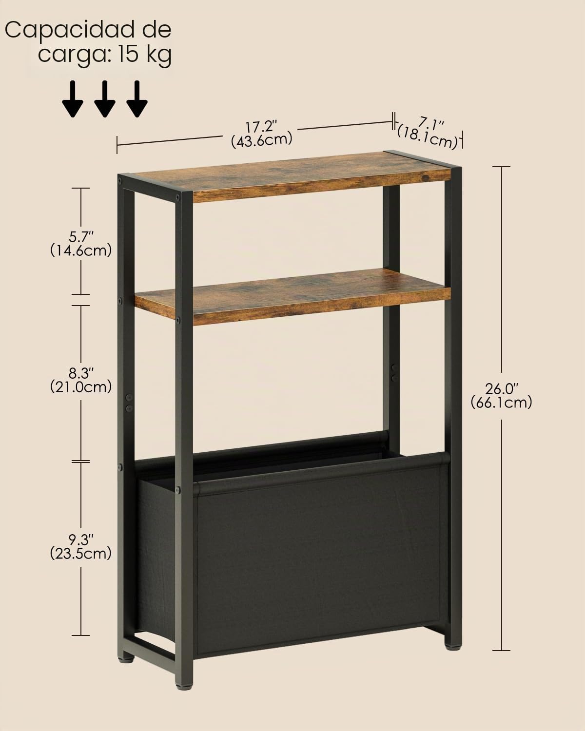 Mesa Auxiliar con Espacio de Almacenamiento, Mesa Auxiliar Estrecha de 3 Niveles con Bolsa, mesita de Noche Estrecha, pequeña Mesa de café para Espacios pequeños, Dormitorio, salón, Oficina