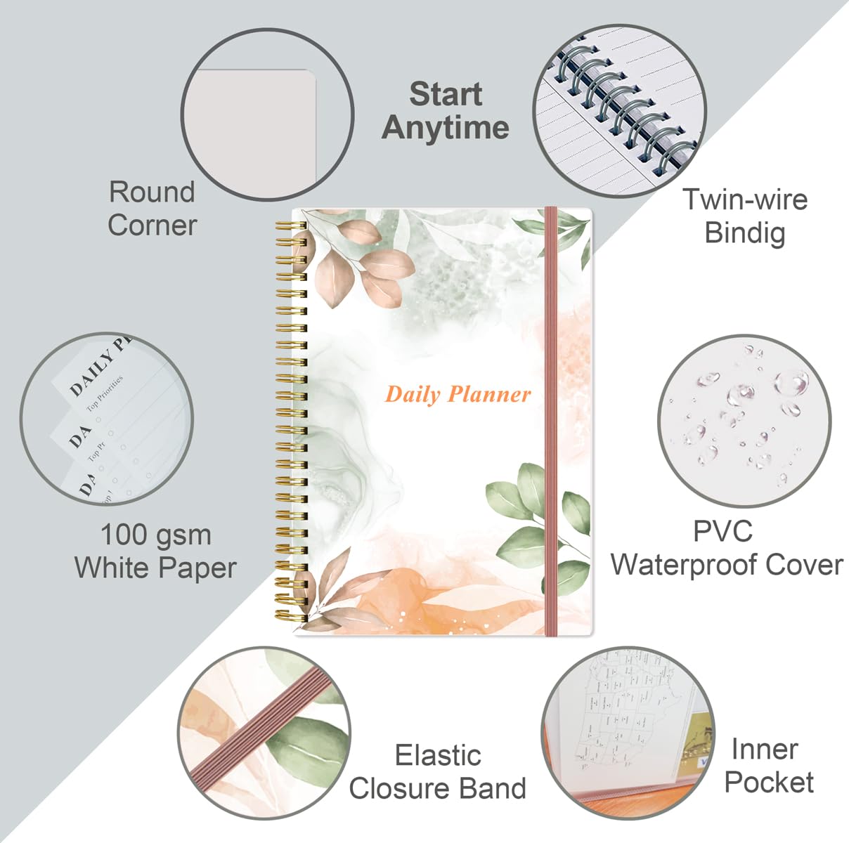 Daily Planner Undated, A5 To Do List Notebook Hourly Schedules, Spiral Appointment Planner for Women and Men PVC Hardcover - Image 2