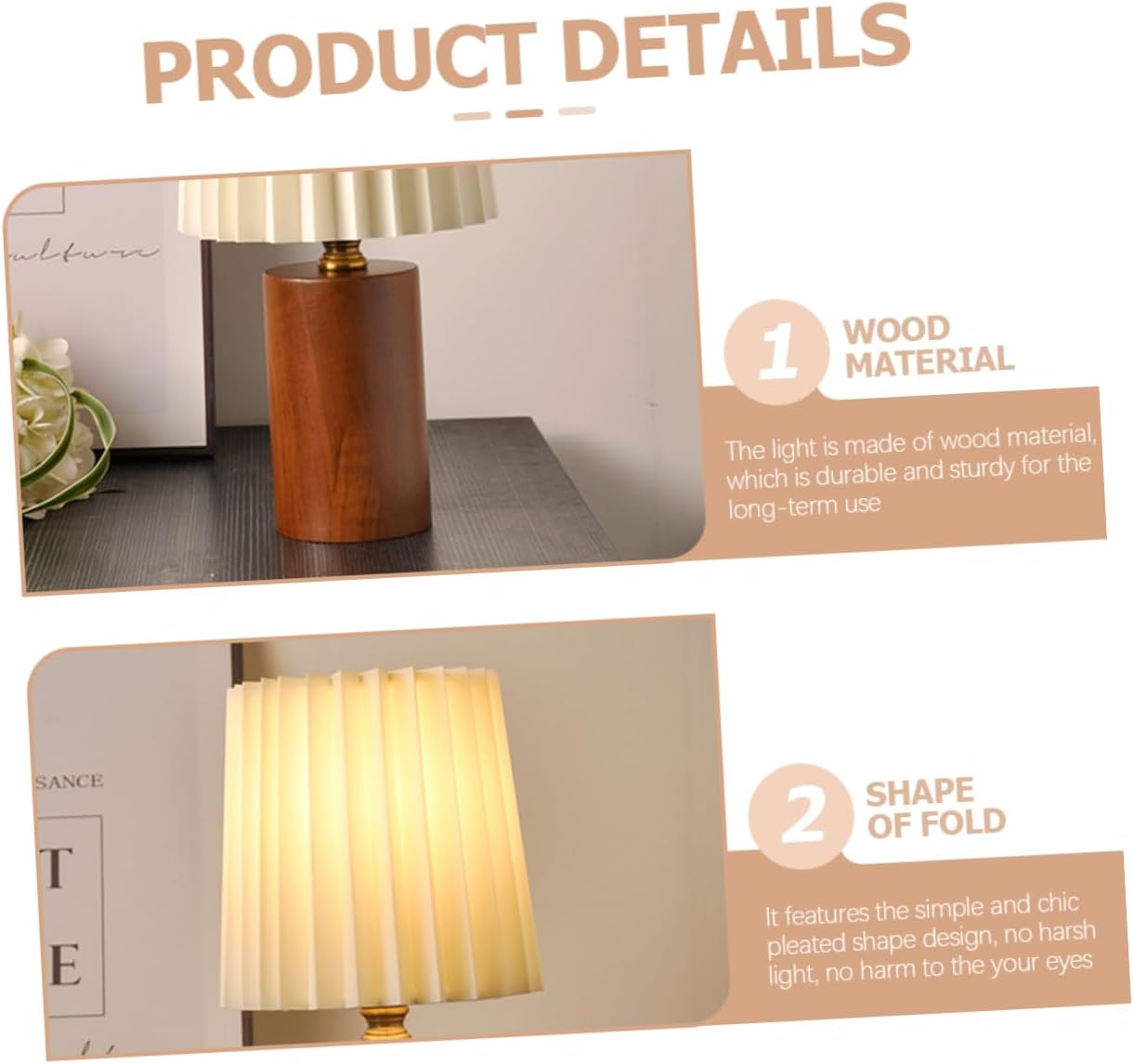 balacoo Pleated Decorative Table Lamp Rechargeable Nightstand Light for Bedroom Vintage Design