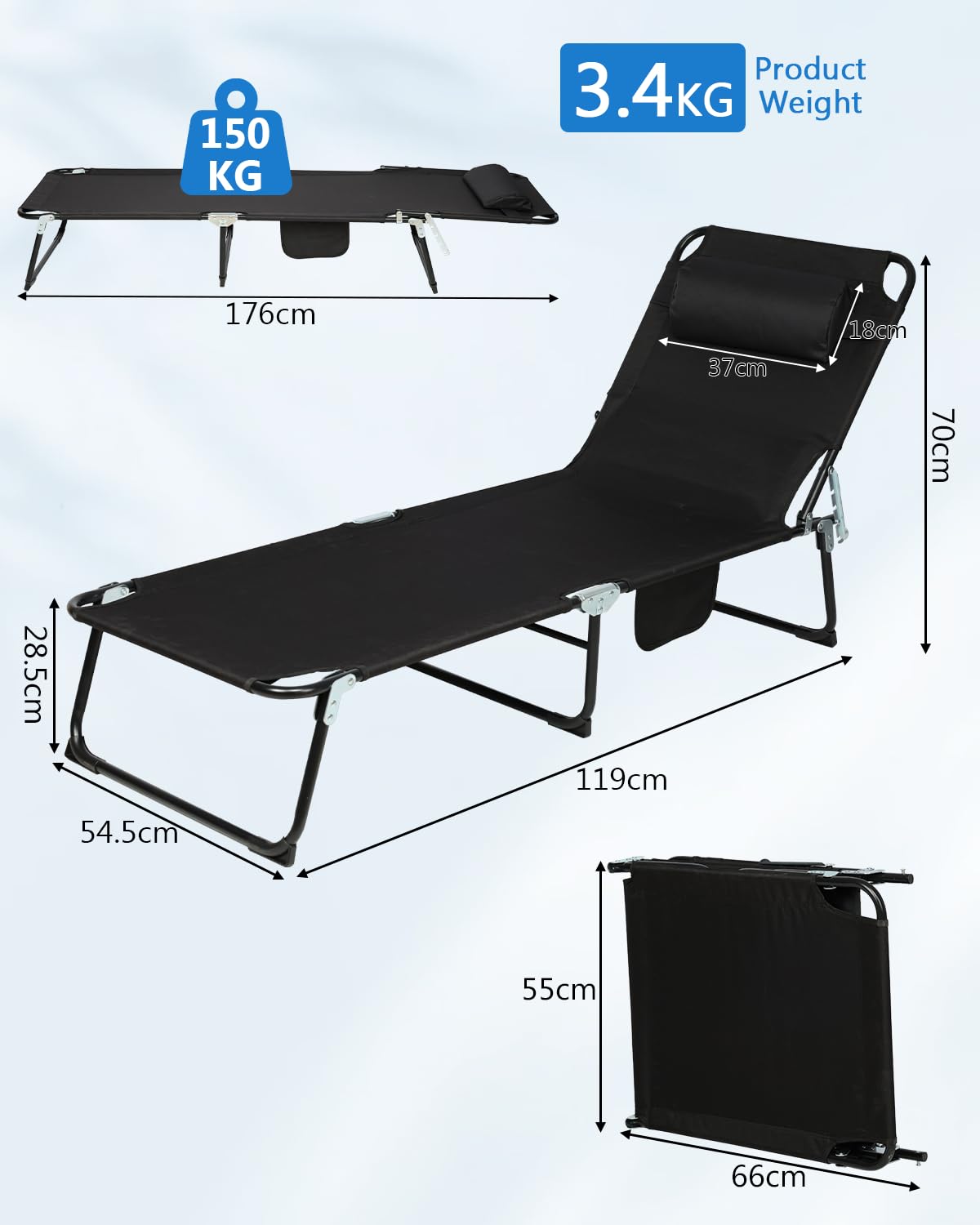 Tumbona plegable ligera, resistente a la intemperie, 150 kg, con respaldo ajustable de 5 posiciones, tumbona de playa plegable, para balcón, jardín, piscina, playa (negro)