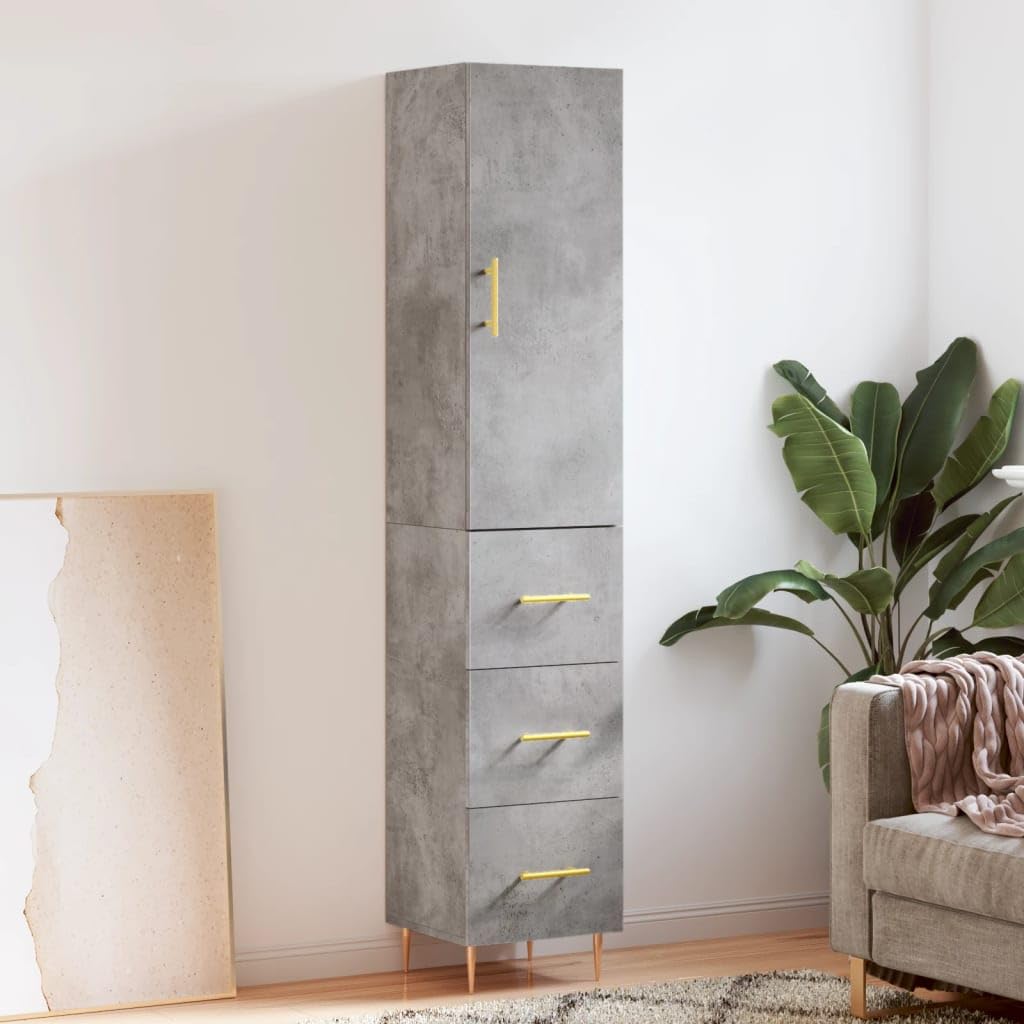 Générique Bufet wysoki szary betonowy 34,5 x 34 x 180 cm, szafka do przechowywania z drewna inżynieryjnego z metalowymi drzwiami i nogami, duża przestrzeń do przechowywania do organizacji codziennych