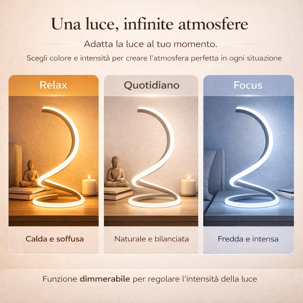 Arcadia Lampada da Comodino LED - Luce Notturna Dimmerabile Bianco Freddo, Naturale e Caldo - Design a Spirale Moderno 3200 Lumen - Abat-jour per Camera da Letto, Scrivania e Salotto (2 Unità)