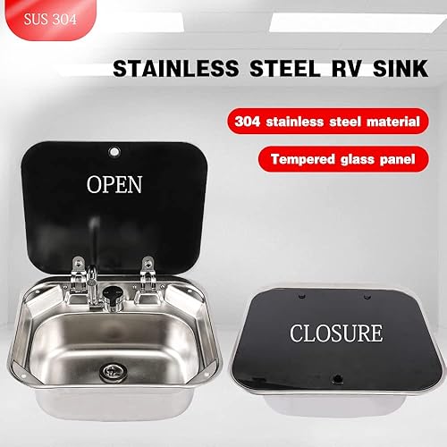 Miniatura 3 de Lavabo de acero inoxidable para caravana o lancha, con grifo plegado, tapa de vidrio templado, accesorios para caravana o remolque (fregadero con