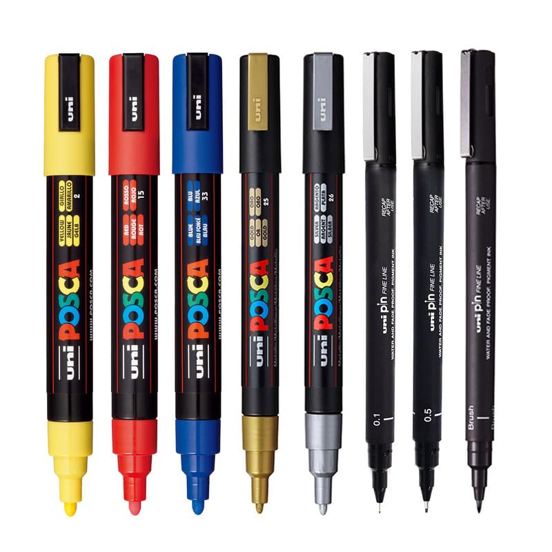Image of POSCA & Pin Art Set | Combo Pack of PC-1MR, 5M Markers & PIN-200 Fineliners (Multicolor)