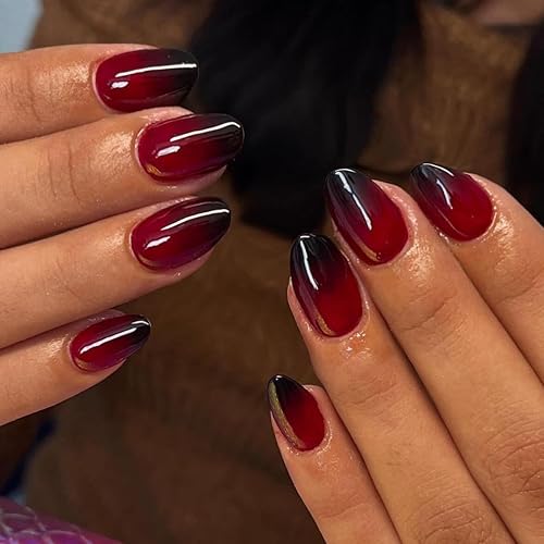 KQueenest French Press On Nails Short, Black Red Press On