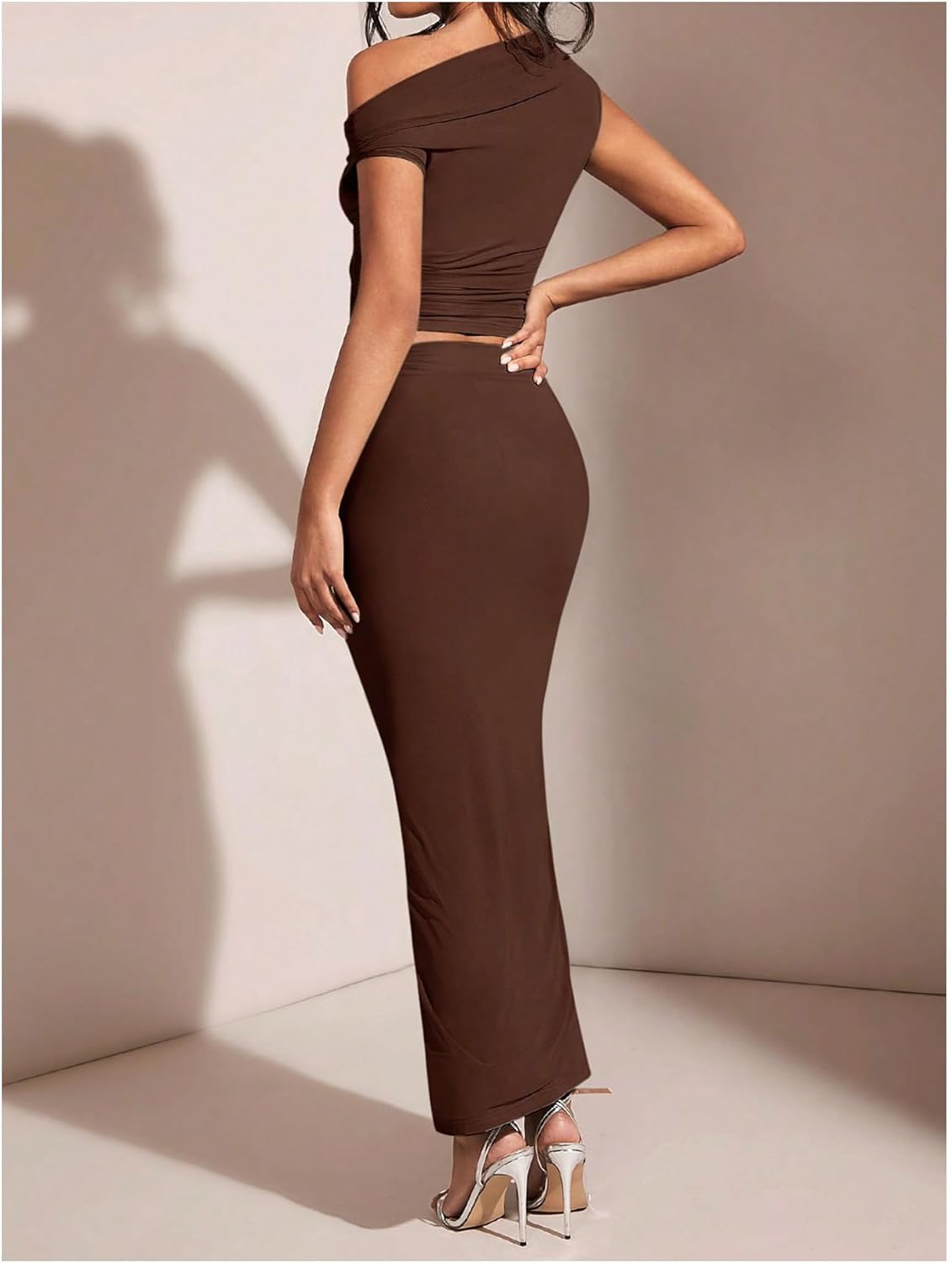 WDIRARA Women's Solid Asymmetrical Neck Two Piece Set One Shoulder Bodycon Maxi Skirt Set - Image 2