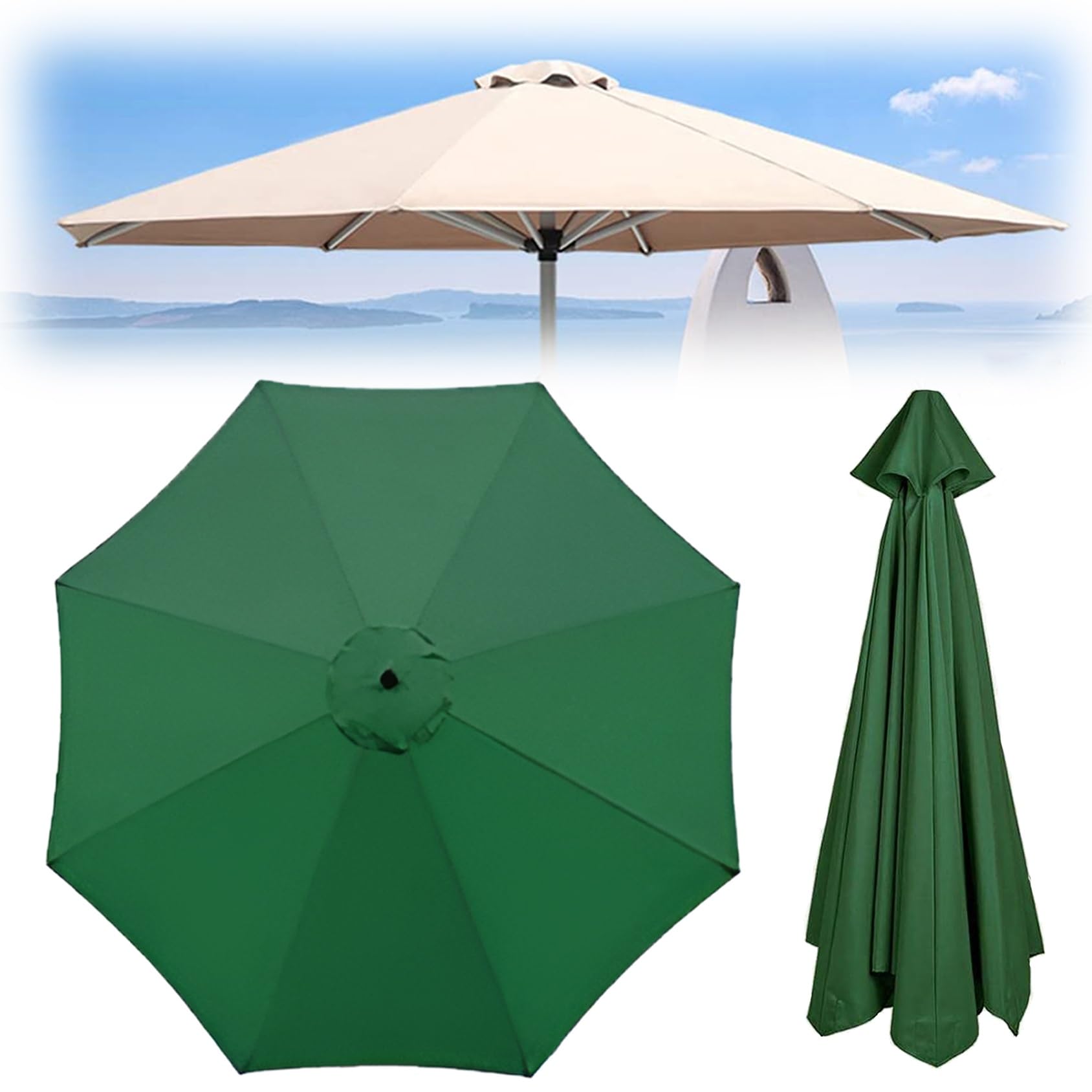 Telo Di Ricambio Copertura Per Ombrellone - 2.0 M, 2,7 M, 3,0 M - Ricambio Telo Ombrellone Da Giardino - Telo Per Ombrellone In Poliestere 160 G/m² Resistente Ai Raggi UV E All'Acqua(Green,8 RIBS: 350