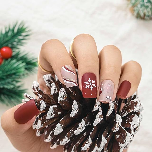Bohend Christmas Snow False Nail Wine Matte Fake Nails Clip on Nails 24Pcs Acrylic Art Press on Nail Tips for Women and Girls