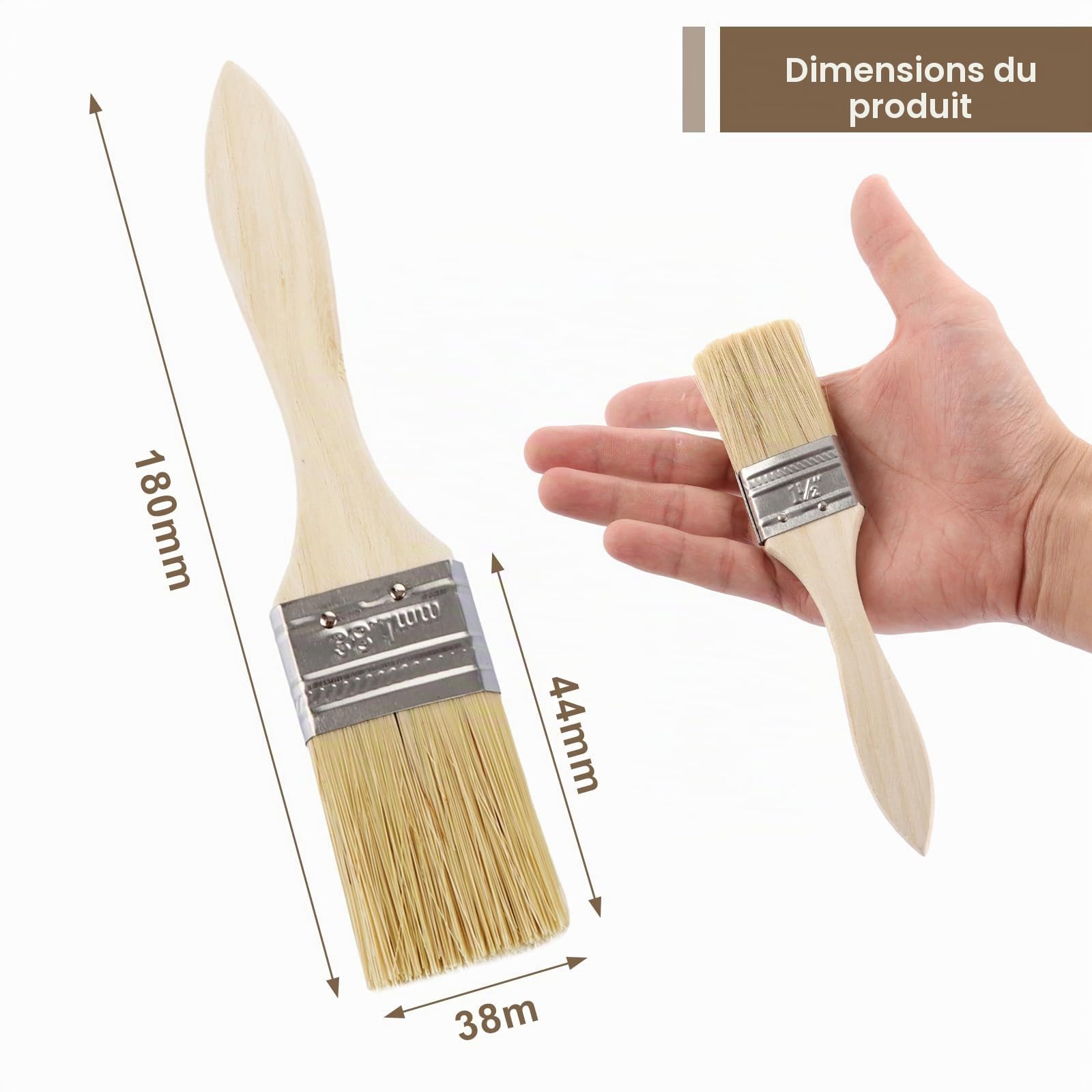 CYEER Lot de 50 Pinceaux Plats 38mm (1,5 Pouces) - Pinceaux à Peindre en Soies Naturelles avec Manche en Bois Ergonomique - Idéal pour Peinture, Vernis, Lasure, Colle - Bricolage, Meubles et Clôtures