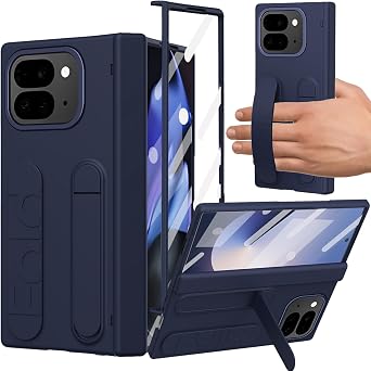 for Google Pixel 9 Pro Fold Case with Wrist Strap, All-Inclusive Hand Strap Case with Kickstand Hinge Protection Screen Protector Raised Edge Protective Cover for Google Pixel 9 Pro Fold Blue