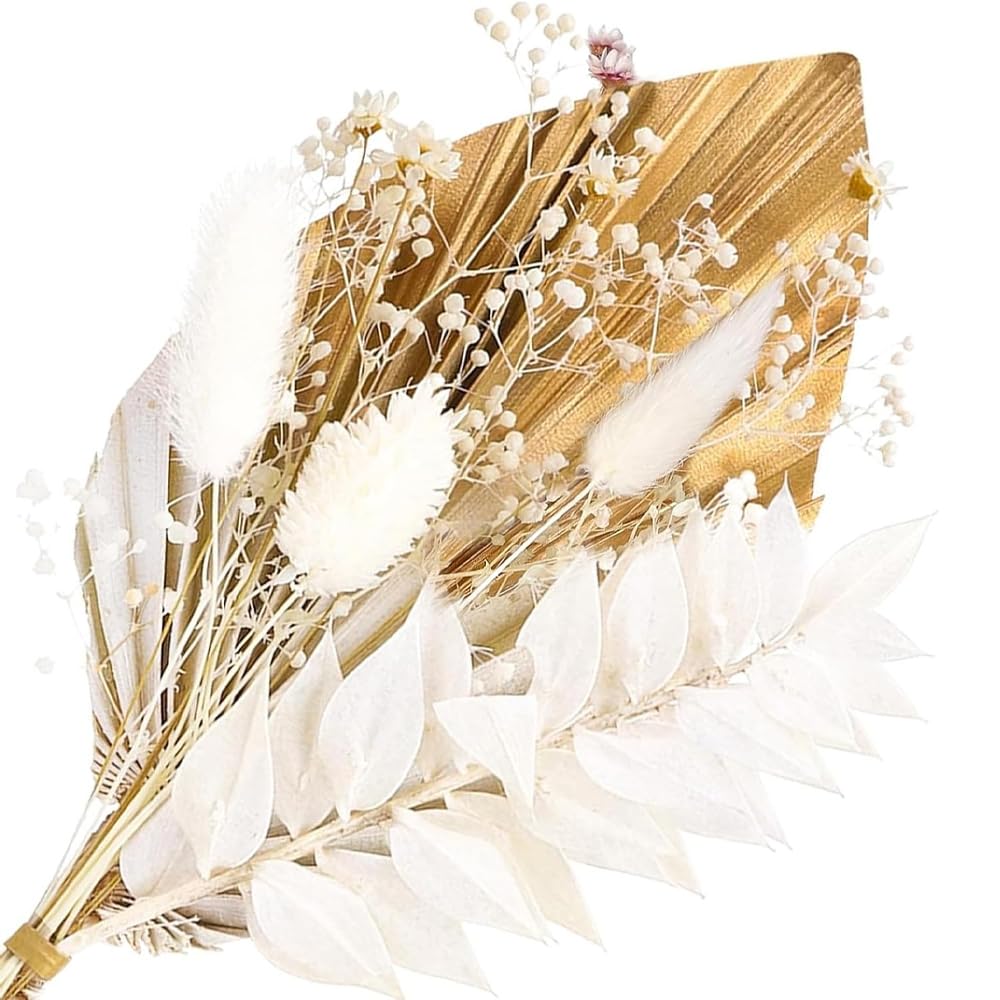 Lagarus Bunny Tails and Ruscus - Dried Flowers, Gold Palm Leaves Cake Topper, Flower Cake Decorations With Palm Spear