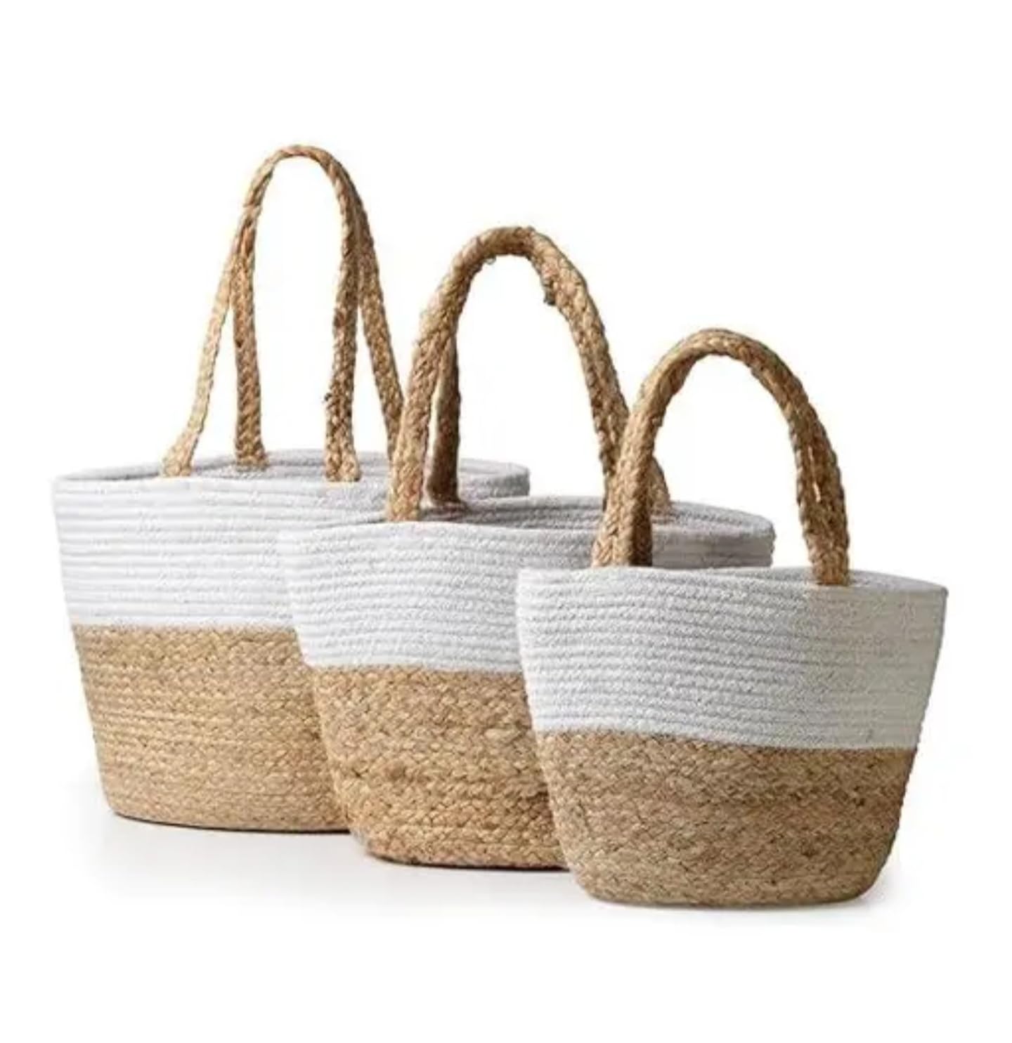 Juego de cestas de almacenamiento de cuerda tejida, yute natural y algodón, dos tonos blanco y beige, asas trenzadas