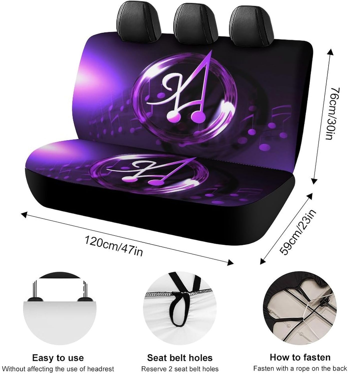 Washable Purple Music Symbol Car Back Seat Cover with Drawstring image 2