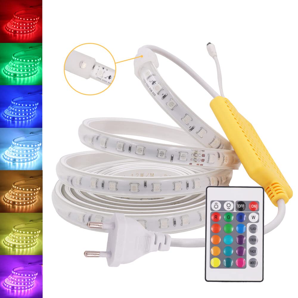 RGB LED Streifen, 15M 220V SMD5050 60LEDs/m Flexibel Bunt Streifen, Außenbereich Multi-Farbwechsel LED Lichtband mit 24 Tasten Fernbedienung & 1000W Wasserdichte Regler für Wohnzimmer, Balkon