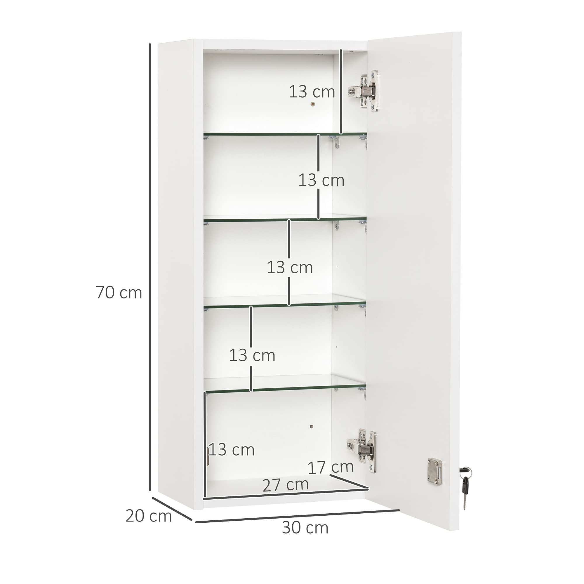 kleankin Armadietto Medicinali a Muro con Serratura, 5 Ripiani e Mensole Regolabili, in Legno e Vetro, Bianco, 30x20x70cm