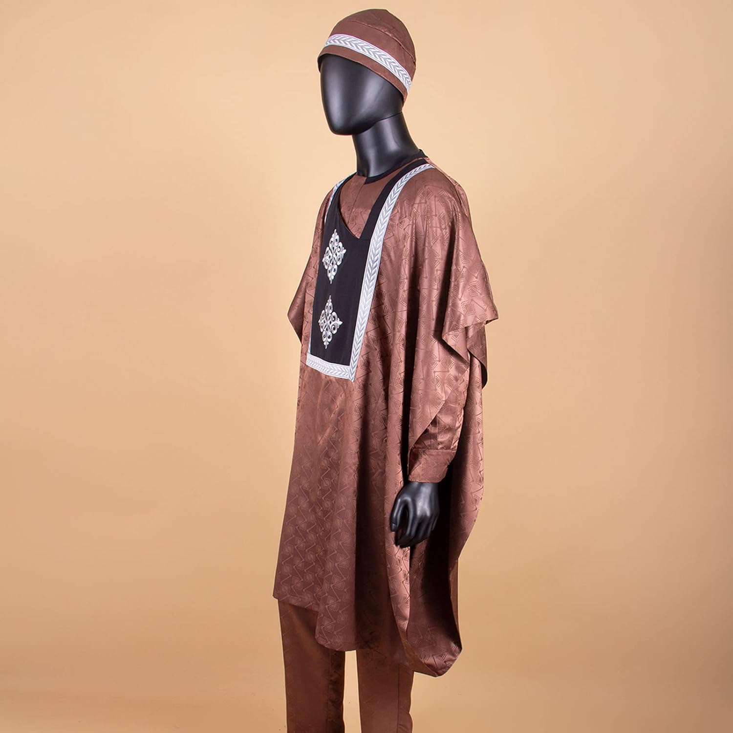 African Traditional Men's Agbada Set 4 Pieces Robe +Shirt +Pants Set with Hat Wedding Business Wear