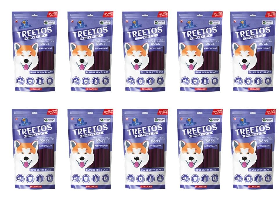 Image of Dr. Pets Pack of 10 (85g Each) Treetos Blueberry Blast Dog Treats | Soft Chew Sticks for Puppies & Adult Dogs | Real Chicken Training Treats | Antioxidant Enriched Snacks