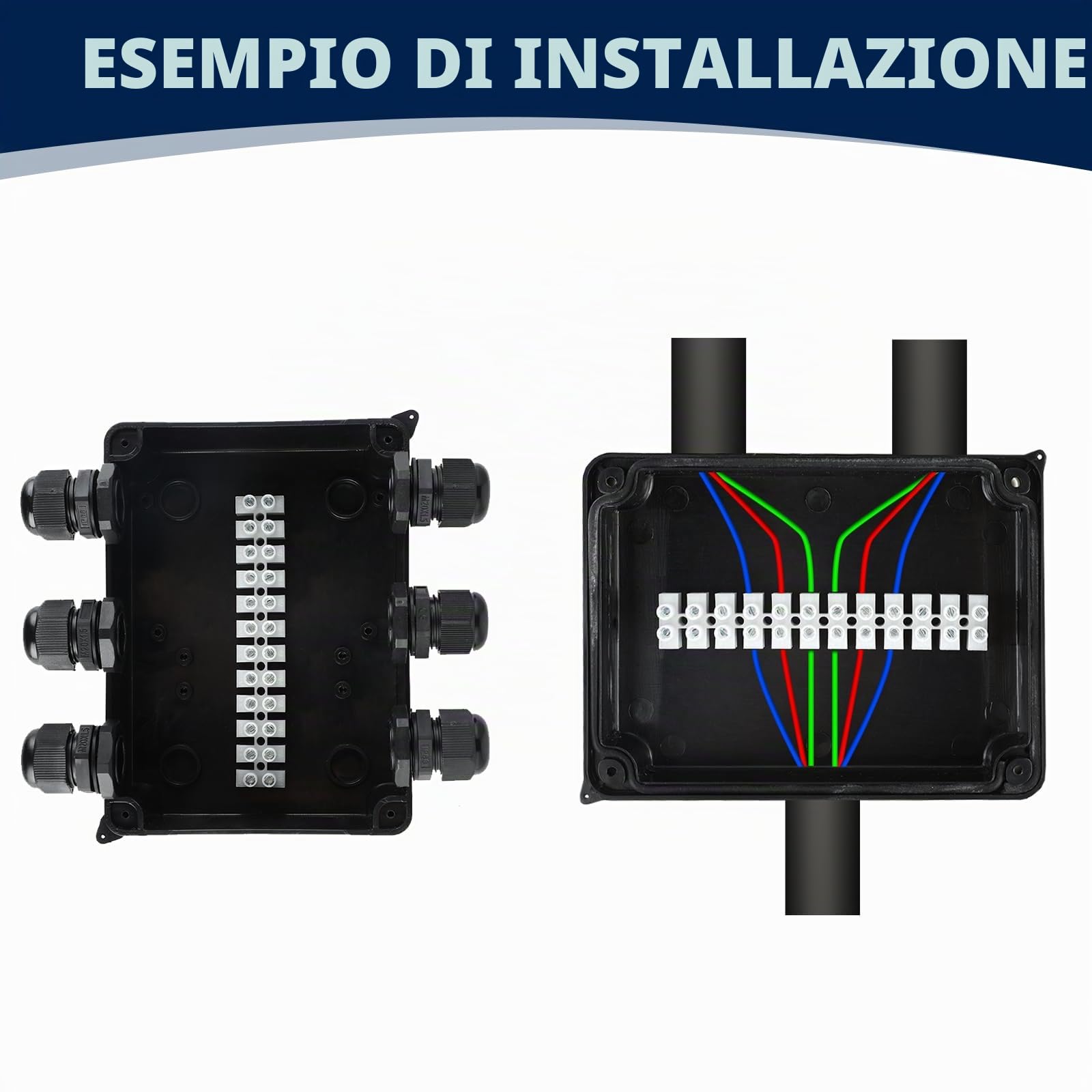 Scatola di Derivazione Impermeabile IP65-150x110x70 mm, con 10 pressacavi M20 con guarnizione, inclusa sega a tazza da 20 mm, adatta per cavi Ø6–12 mm（nero）