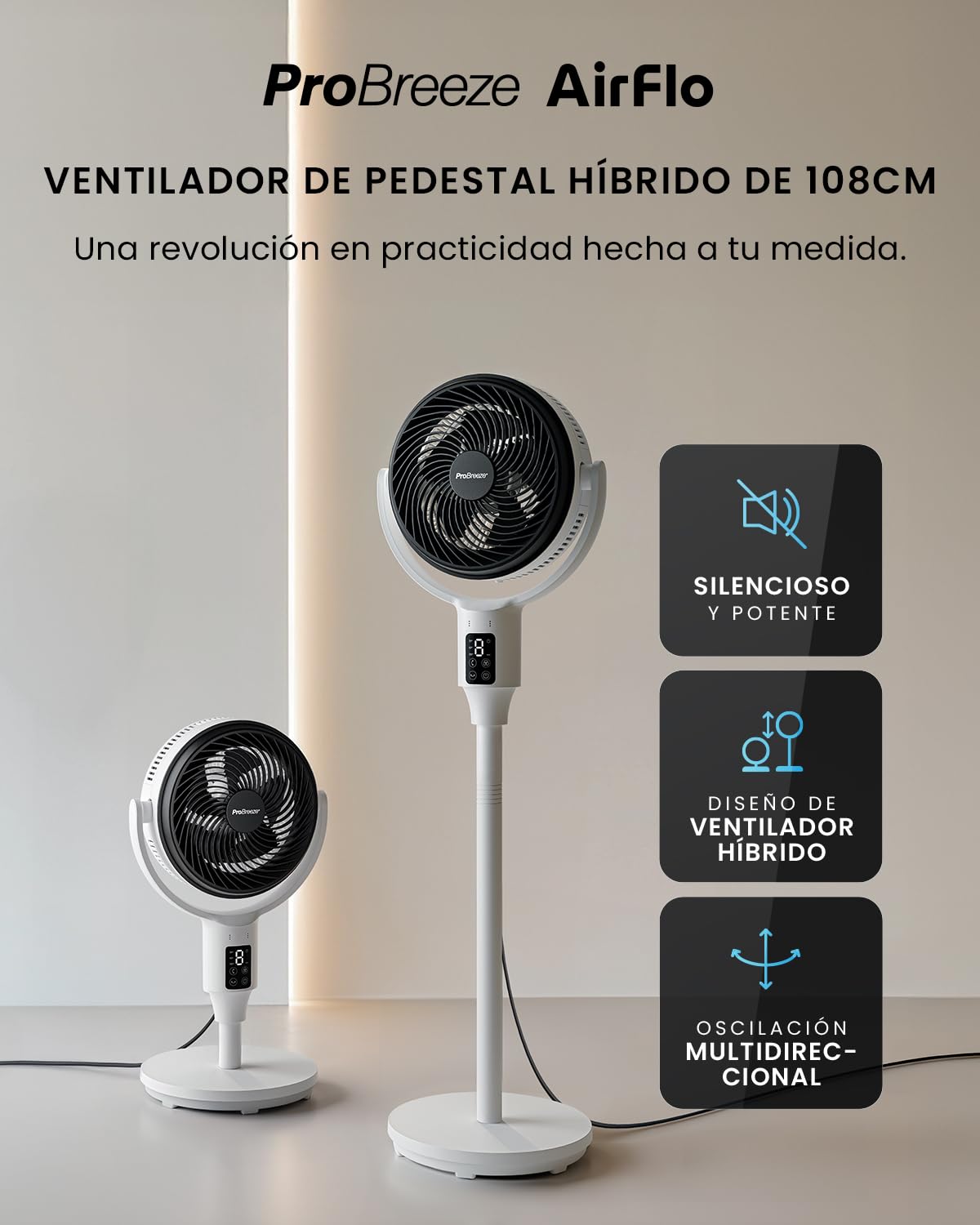 Pro Breeze AirFlo Ventilador de Pie Silencioso con altura ajustable 108-60cm, Pantalla LED, Mando a distancia, 9 Velocidades, Oscilación Vertical y Horizontal – Hogar y Oficina