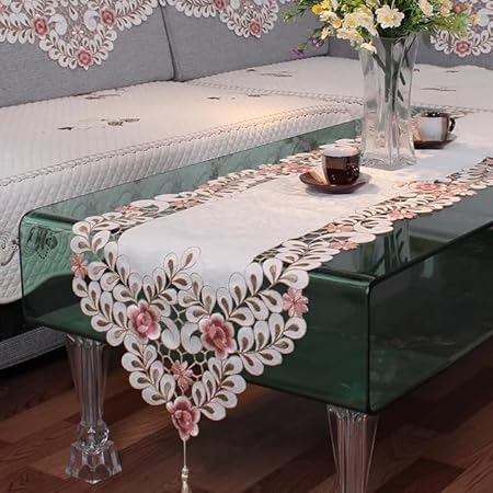 MONKDECOR Double Embroidery Flower Satin Cetre / Dining Table Runner (15x70 Inches) -D 3