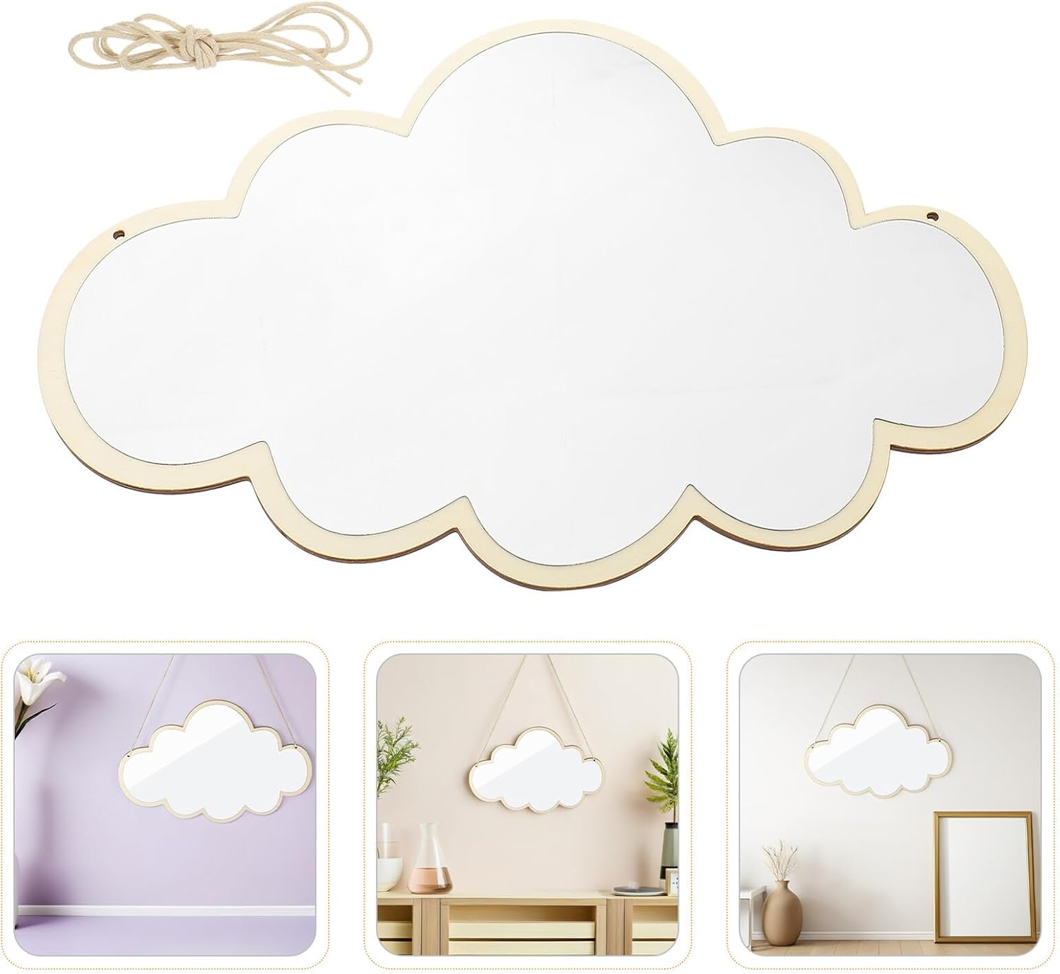 IMIKEYA 2pcs Set of Wood Frame Wall Mirrors, Acrylic Hanging Mirrors for Nursery Décor, Modern Bathroom and Bedroom, Nordic Style Cloud Pattern with Rope