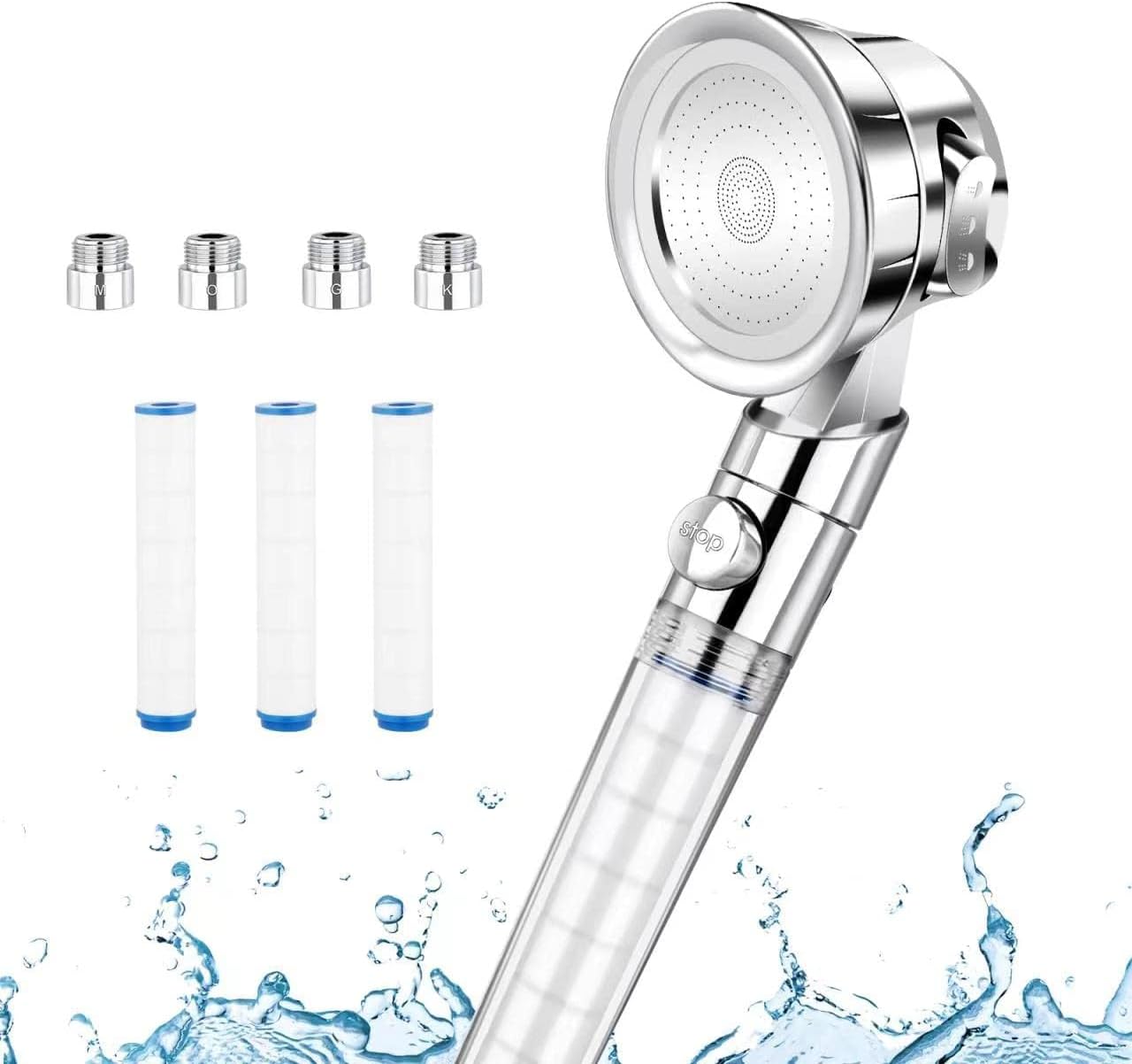 EZAWA シャワーヘッド 節水 高水圧 浄水 塩素除去 止水ボタン 水流調整 増圧用シャワーヘッド 低水圧 取付簡単 手元ストップ 極細水流 3階段モード 水漏れ防止 高洗浄力 汚れ除去 分解掃除 M/K/G/Oアダプター付き 国際基準G1/2 お風呂 広幅適用 透明