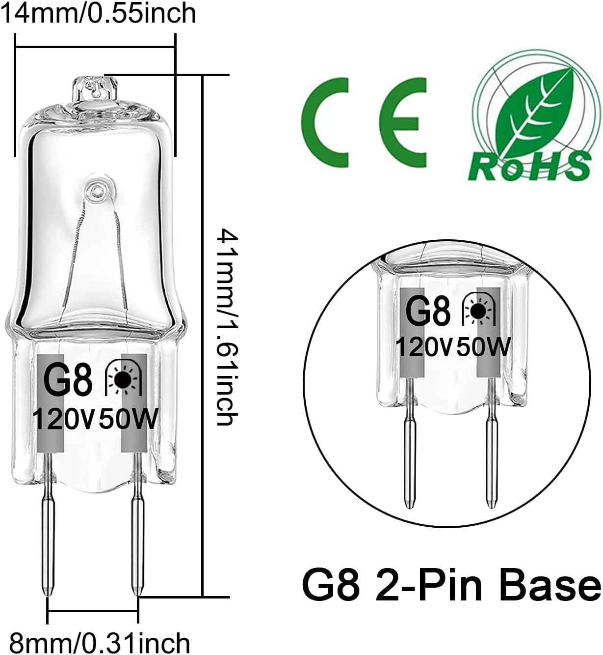 G8 Halogen Light Bulbs 50W 120V T4 JCD Type G8 Bi-Pin Base for Microwave Oven, Under Cabinet Puck Lighting, Candle Warmer Bulbs, 2700K Warm White, Dimmable, Pack of 12