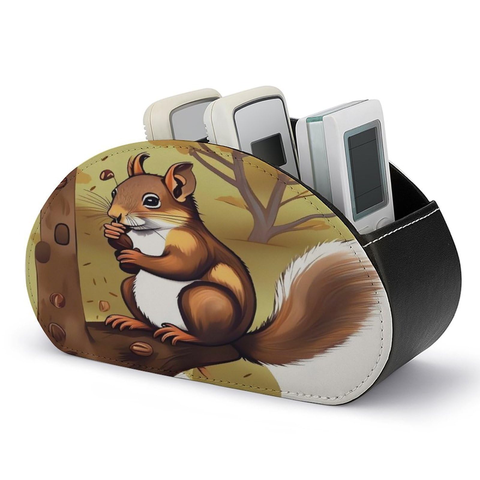 VstaDank Nut-eating Squirrel Remote Control Holder with 5 Compartments Pu Leather TV Remote Caddy Storage Box Desktop Organizer Store Controller DVD Brush Pens Glasses&Office Supplies