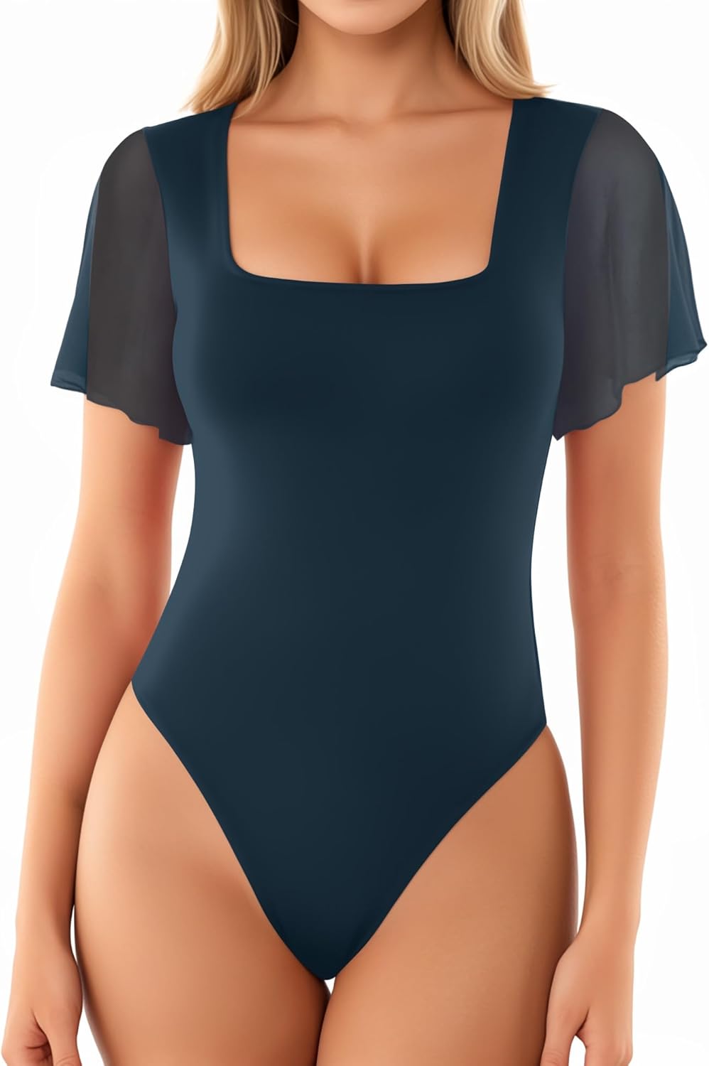 MANGOPOP Women's Bodysuit Square Neck Ruffle Flutter Sheer Mesh Short Sleeve Slim Fit Blouse Body Suits Tops Casual