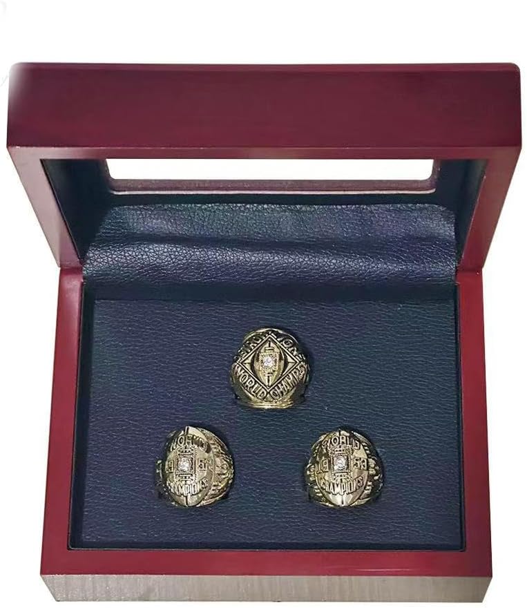 GIFT SET DETROIT COMMEMORATIVE RINGS FOR 3-TIMES RUGBY CHAMPIONSHIPS, 3 RINGS SET WITH 3-HOLE WOODEN DISPLAY BOX PACKAGING, HOLIDAY GIFT FOR BASEBALL FANS