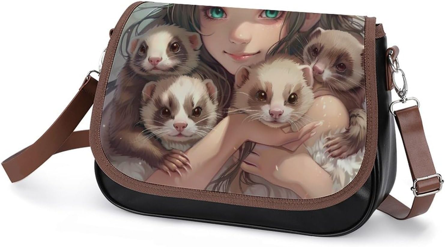 Angel with Ferrets Messenger Bag for Women PU Leather Crossbody Bags Shoulder Handbags Purse