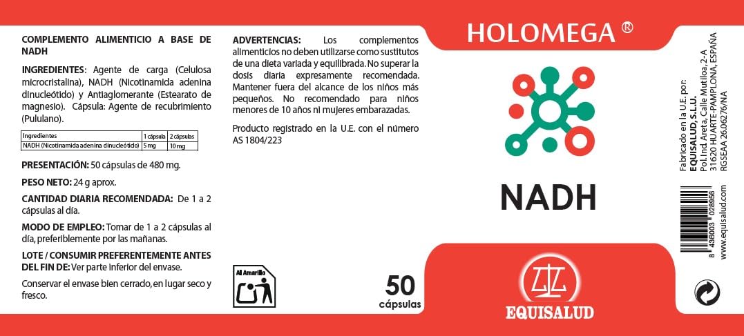 Equisalud - Holomega NADH - Suplemento Energizante y Antioxidante para Energía Celular ATP, Memoria y Concentración - 50 Cápsulas