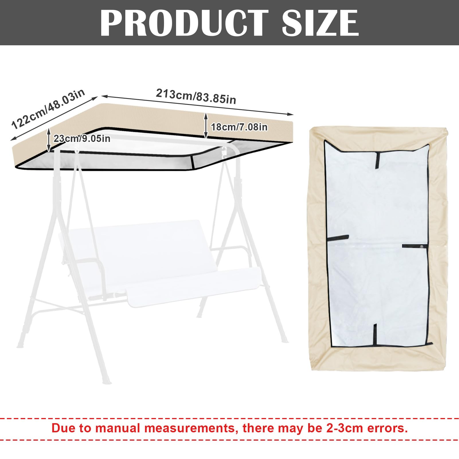 Housse de toit pour balancelle hollywoodienne - 213 x 122 x 18 cm - Toit de rechange pour balancelle - 3 places - Tissu Oxford 210D imperméable - Pour balançoire - Beige