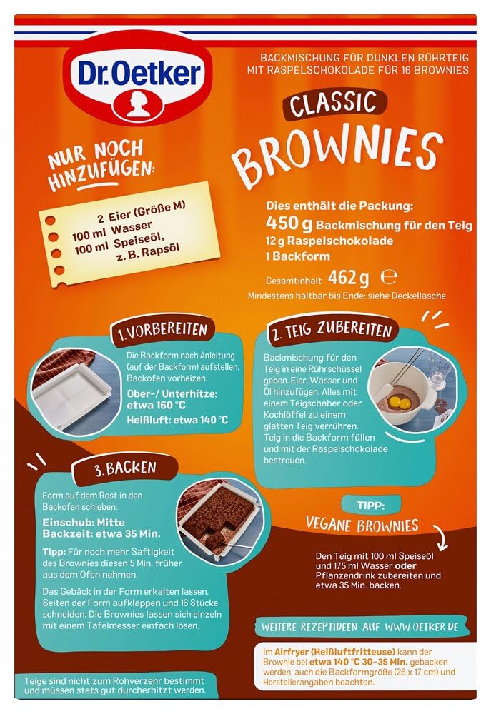 Dr. Oetker Brownies, Backmischung für dunklen Rührteig mit Raspelschokolade zum Zubereiten von 16 Brownies, inkl. praktischer Backform, 1er Pack (1 x 462g)