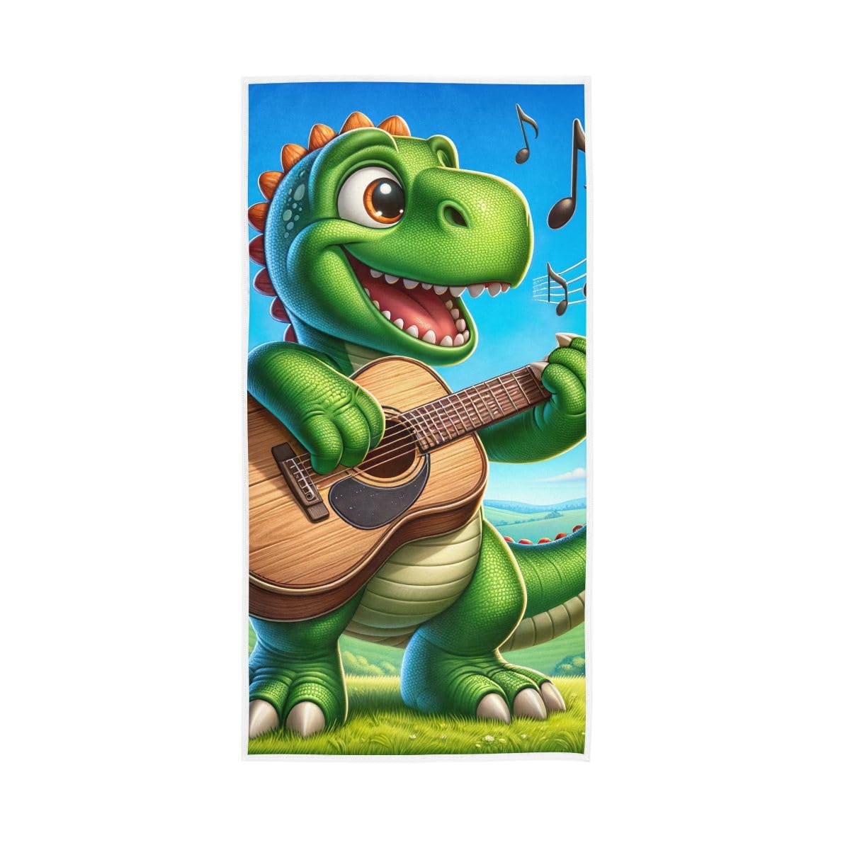LSRCPD Cartoon Dinosaur Playing Guitar Hand Towel Cotton Absorbent Soft Decorative Towel for Bathroom 15 x 30 Inch