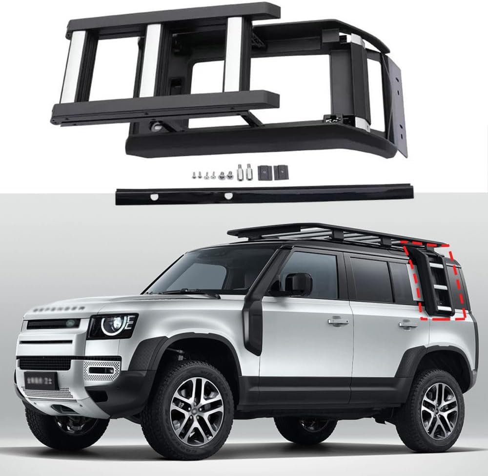 FTAPACCE Foldable Liftable Ladder Roof Rack Access Fits for Land Rover Defender 110 L851 2020-2025 (Glossy Black)