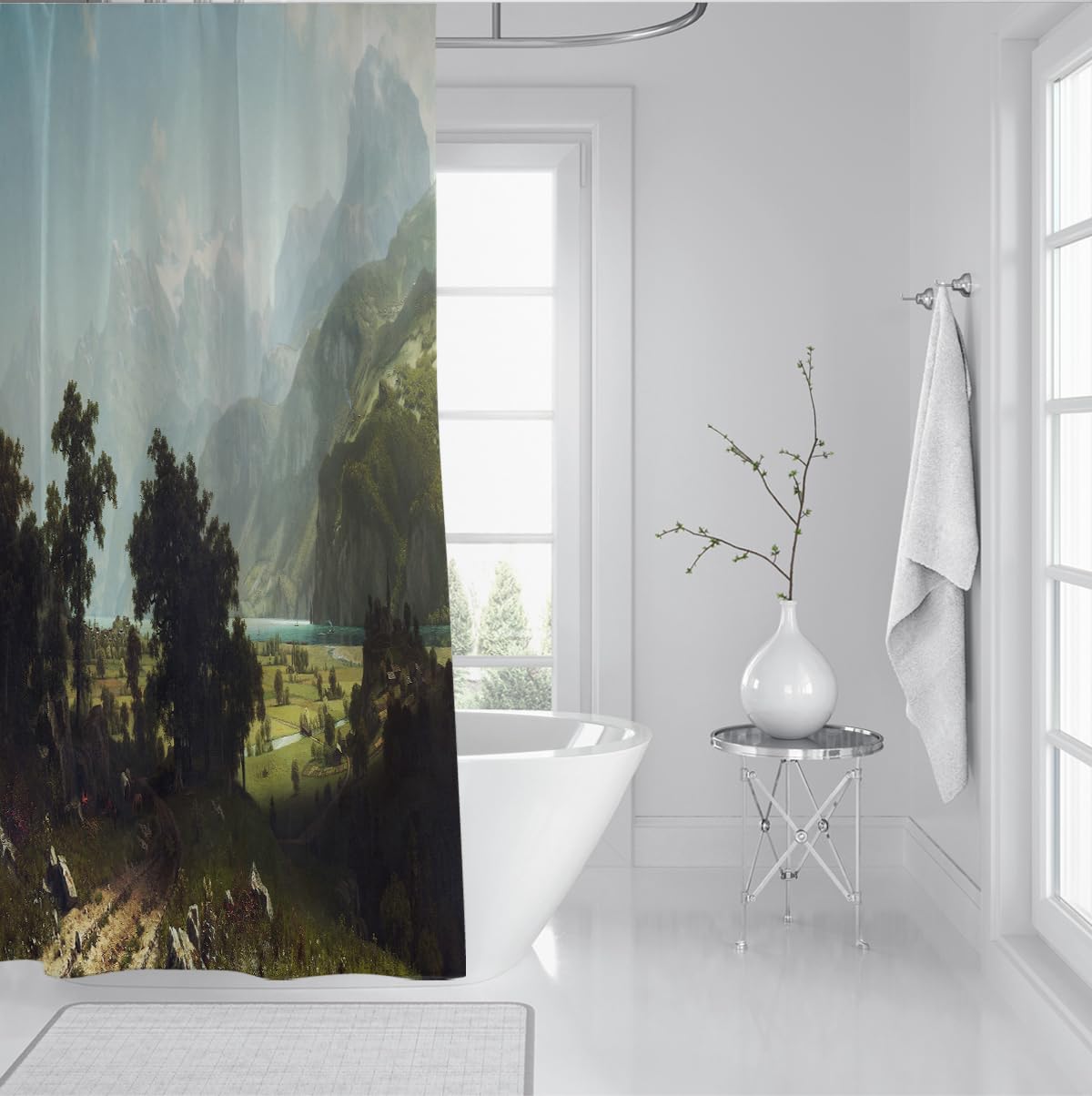 Pittura a olio Paesaggio Tende doccia in tessuto impermeabile 240x180cm | Forest Mountain Country Lake Paesaggio Naturale Decorazione bagno lavabile Tende con ganci
