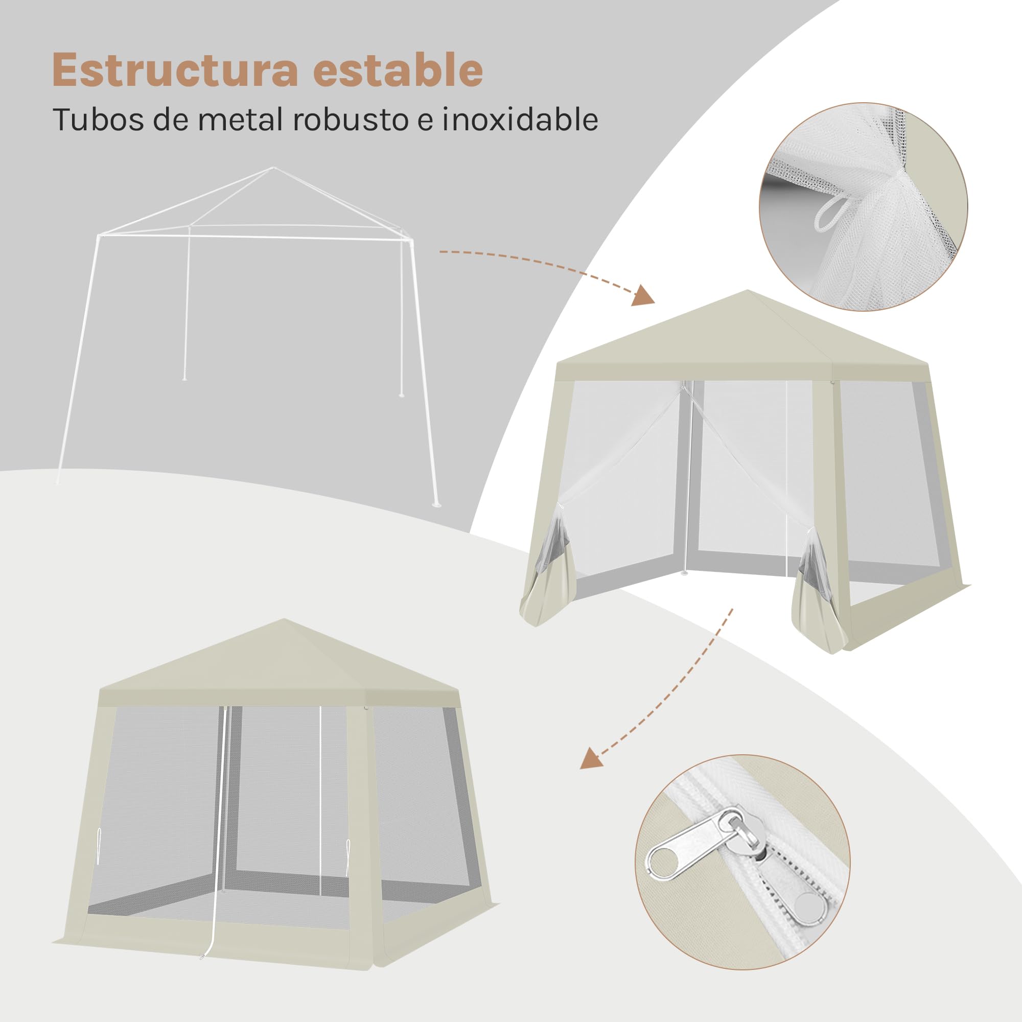 WOLTU Pérgola Plegable de Jardín con Techo y Paredes de Malla - Pabellón Cenador 3x3 m para Exteriores, Camping, Playa - Tela Oxford, Beige